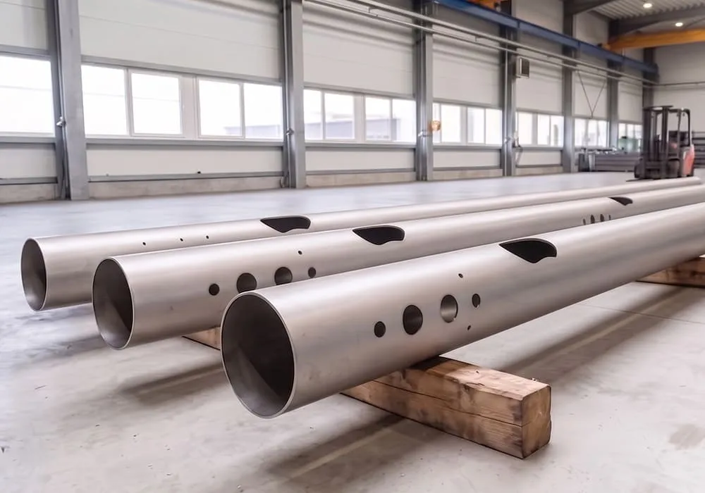 XXL Rohrlaser - lasergeschnittene VA Rohre d500x5 1.4404 Träger bei RS-Metall über 11 m lange Edelstahlrohre lagern in einer Halle nach dem Rohrlaser-Zuschnitt von vielen Bohrungen und Ausschnitten bei RS-Metall