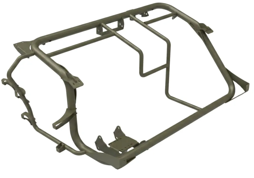 Schweissbaugruppe für Wehrtechnik aus Rohr & Blechk Schweissbaugruppe für eine wehrtechnische Anwendungen gefertigt aus Stahlrohren und Blechen RAL6031 bronzegrün Bearbeitung